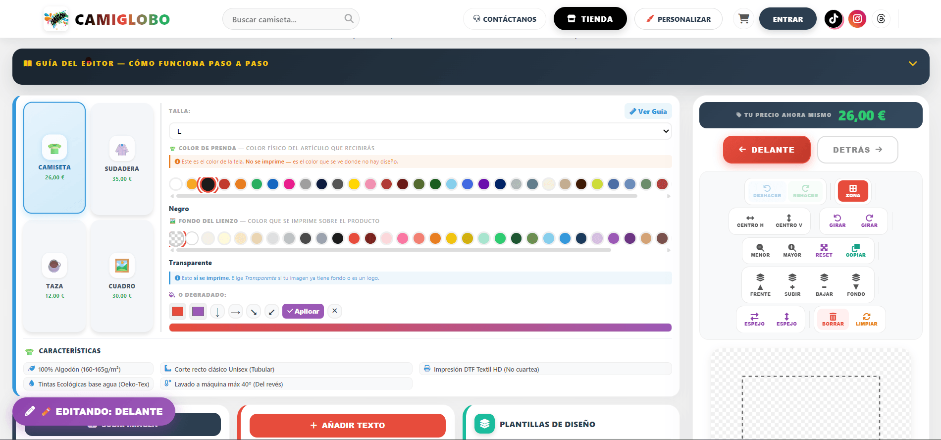 Personalizador online con editor de prenda, paletas de colores y controles de diseño