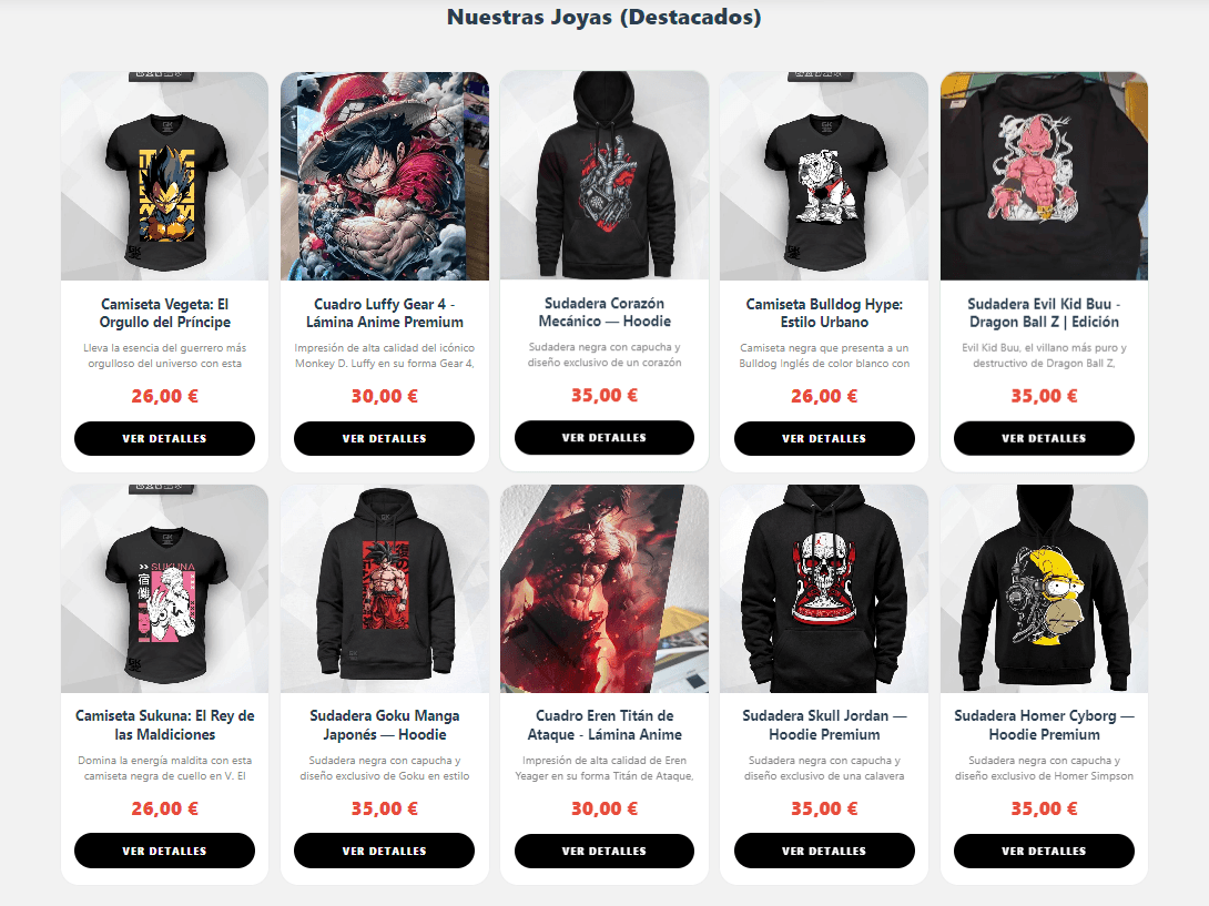 Catálogo de productos: camisetas y sudaderas con diseños de anime y cultura pop